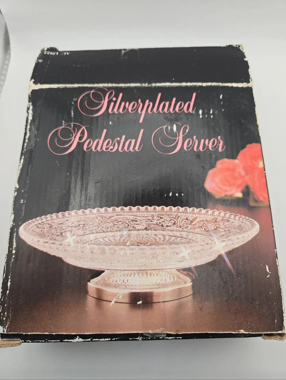 Vintage Silverplated Pedestal Server Cake Stand Glass Serving Tray w/ Box